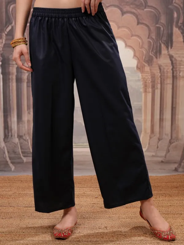 Vishudh Women Navy Blue Embroidered Kurta With Palazzos And Dupatta