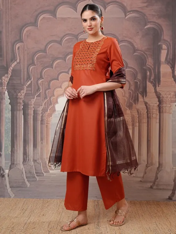 Vishudh Women Terracotta Embroidered Kurta With Palazzo And Dupatta
