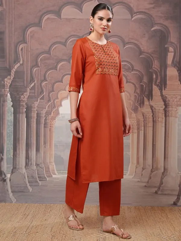 Vishudh Women Terracotta Embroidered Kurta With Palazzo And Dupatta