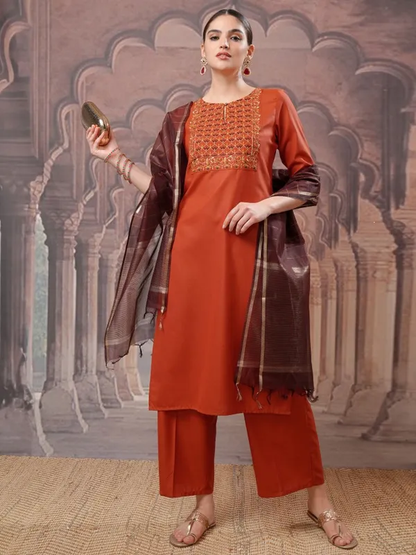 Vishudh Women Terracotta Embroidered Kurta With Palazzos And Dupatta