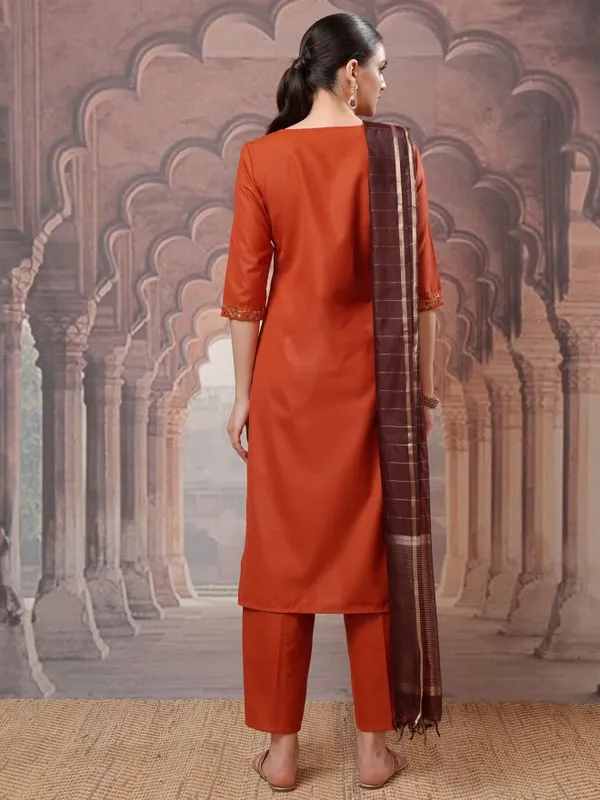 Vishudh Women Terracotta Embroidered Kurta With Palazzos And Dupatta