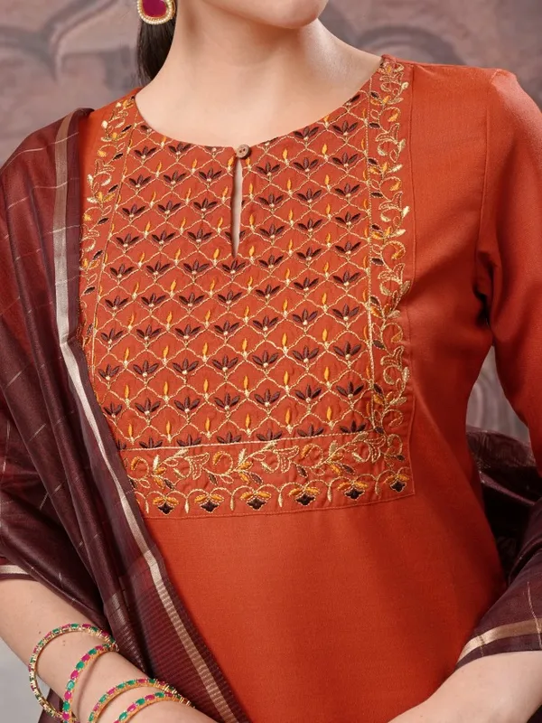 Vishudh Women Terracotta Embroidered Kurta With Palazzos And Dupatta