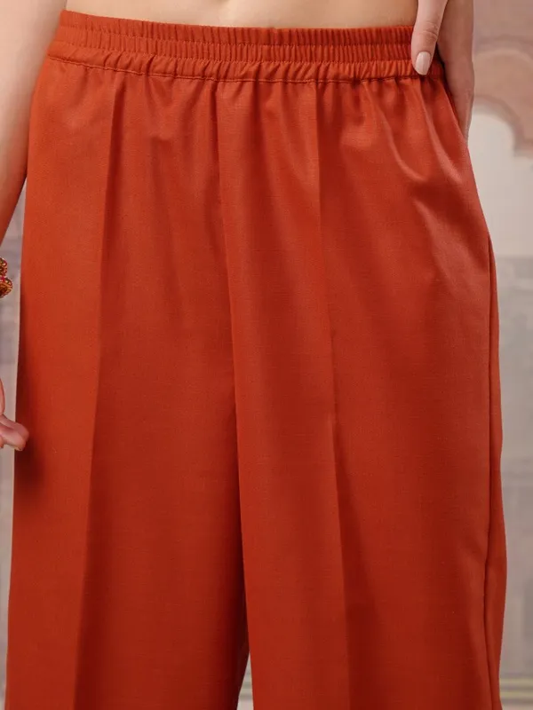 Vishudh Women Terracotta Embroidered Kurta With Palazzos And Dupatta