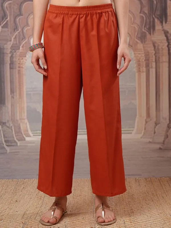 Vishudh Women Terracotta Embroidered Kurta With Palazzos And Dupatta