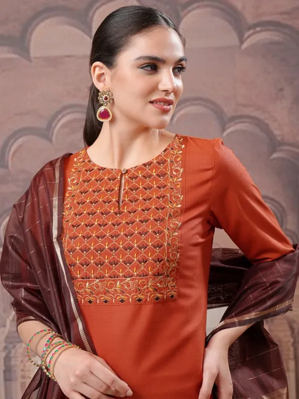 Vishudh Women Terracotta Embroidered Kurta With Palazzos And Dupatta