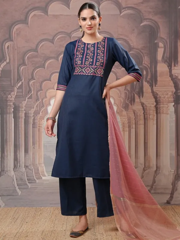 Vishudh Women Teal Embroidered Kurta With Palazzos And Dupatta