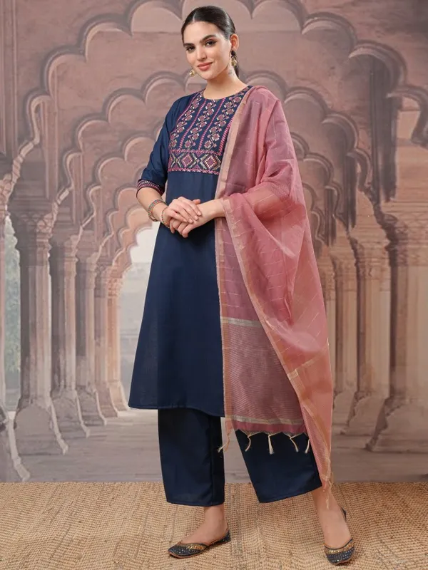Vishudh Women Teal Embroidered Kurta With Palazzos And Dupatta