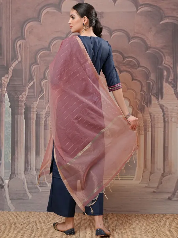 Vishudh Women Teal Embroidered Kurta With Palazzos And Dupatta