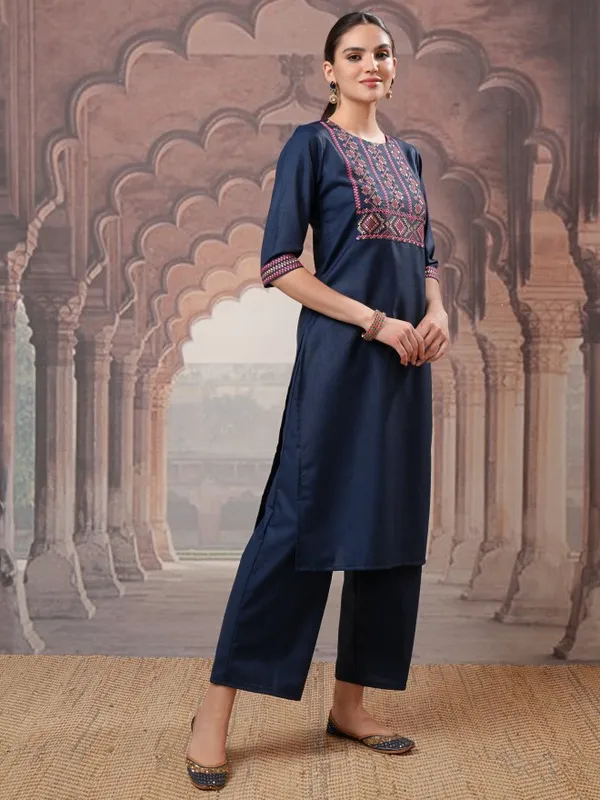 Vishudh Women Teal Embroidered Kurta With Palazzos And Dupatta