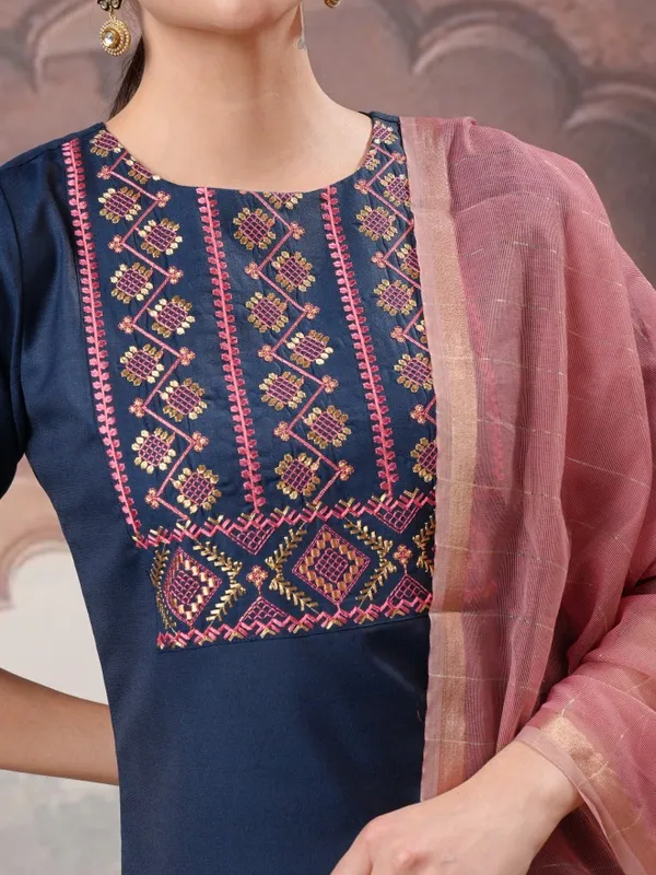 Vishudh Women Teal Embroidered Kurta With Palazzos And Dupatta