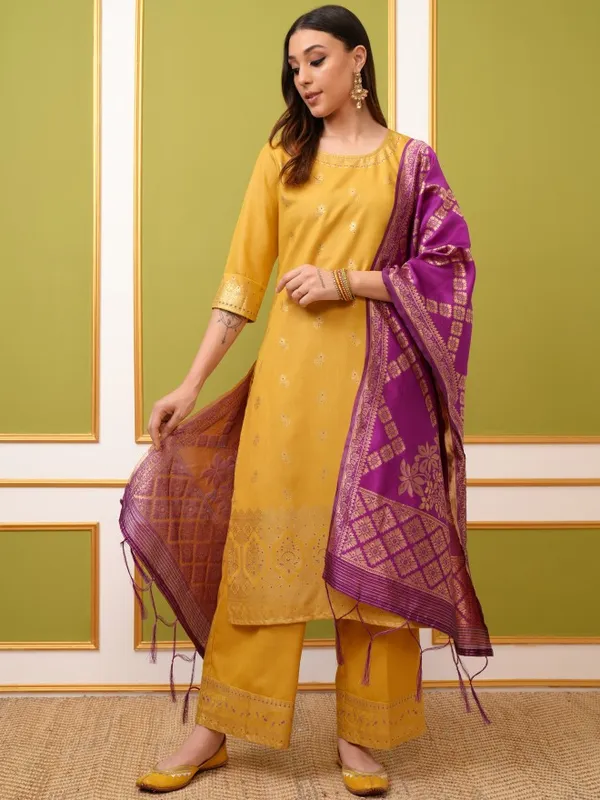 Vishudh Women Yellow Printed Kurta With Palazzo And Dupatta