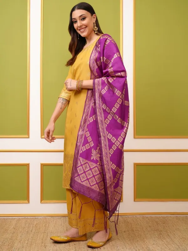 Vishudh Women Yellow Printed Kurta With Palazzo And Dupatta