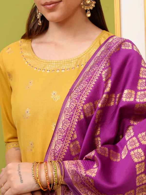 Vishudh Women Yellow Printed Kurta With Palazzo And Dupatta