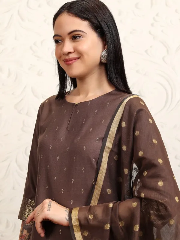 Vishudh Women Brown Printed Kurta With Palazzos And Dupatta