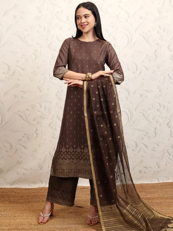Vishudh Women Brown Printed Kurta With Palazzos And Dupatta