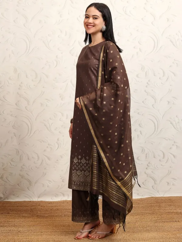 Vishudh Women Brown Printed Kurta With Palazzos And Dupatta