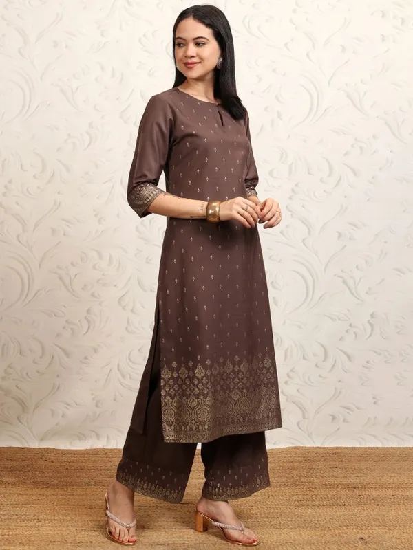 Vishudh Women Brown Printed Kurta With Palazzos And Dupatta
