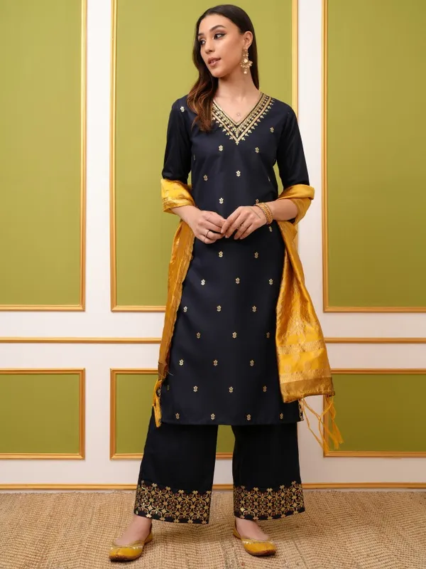 Vishudh Women Navy Blue Printed Kurta With Palazzo And Dupatta