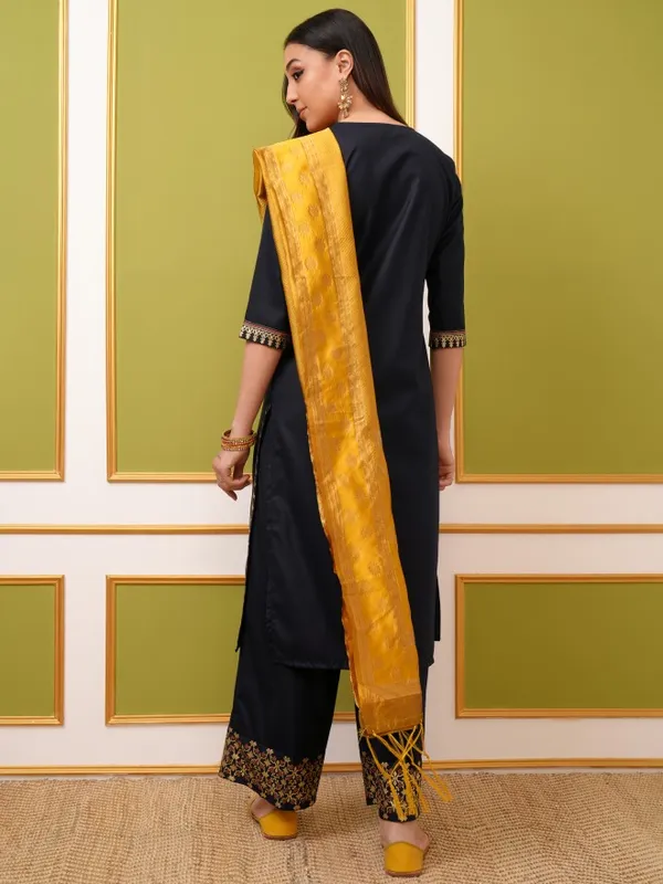 Vishudh Women Navy Blue Printed Kurta With Palazzo And Dupatta