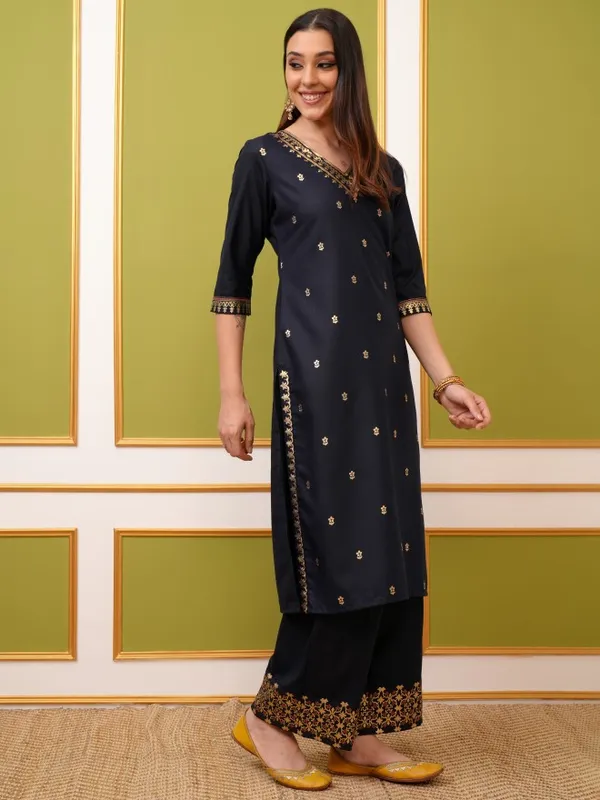 Vishudh Women Navy Blue Printed Kurta With Palazzo And Dupatta