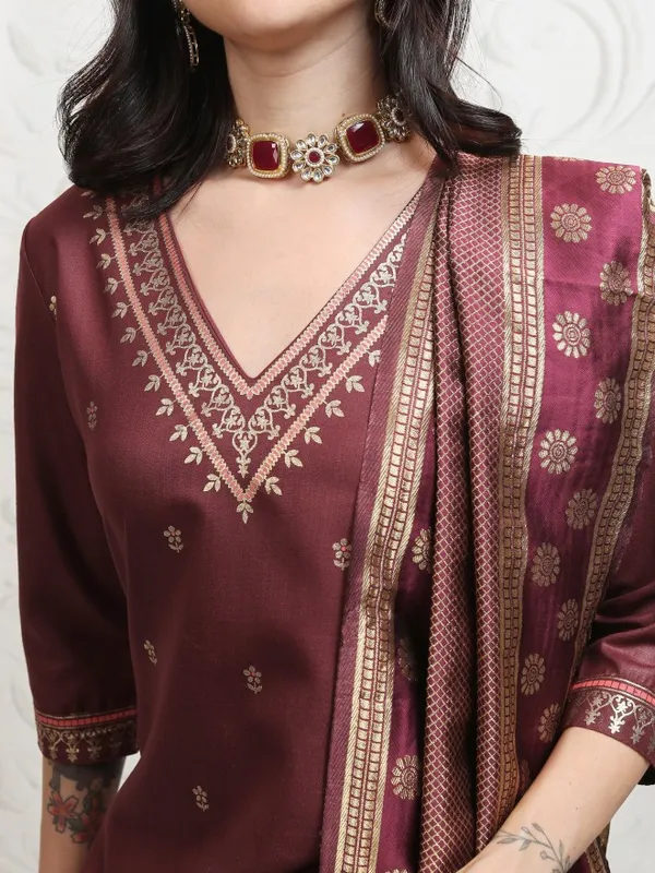 Vishudh Women Burgundy Printed Kurta With Palazzos And Dupatta