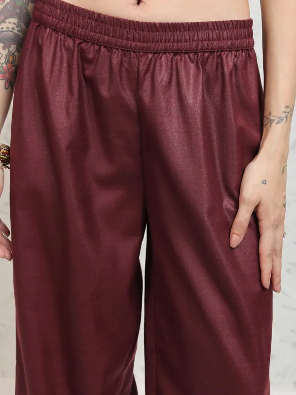 Vishudh Women Burgundy Printed Kurta With Palazzos And Dupatta