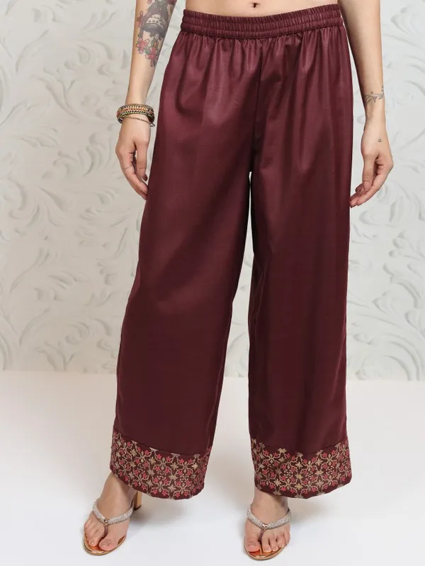 Vishudh Women Burgundy Printed Kurta With Palazzos And Dupatta