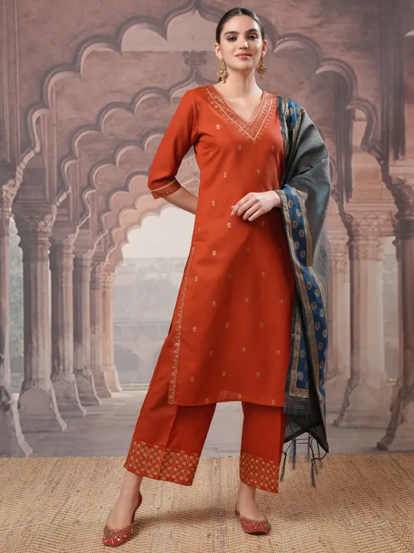 Vishudh Women Terracotta Embroidered Kurta With Palazzos And Dupatta
