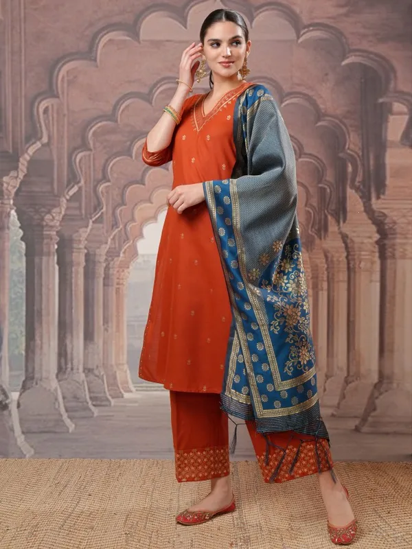 Vishudh Women Terracotta Embroidered Kurta With Palazzos And Dupatta