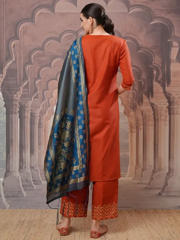 Vishudh Women Terracotta Embroidered Kurta With Palazzos And Dupatta