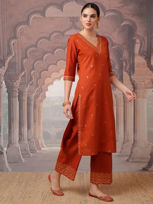 Vishudh Women Terracotta Embroidered Kurta With Palazzos And Dupatta