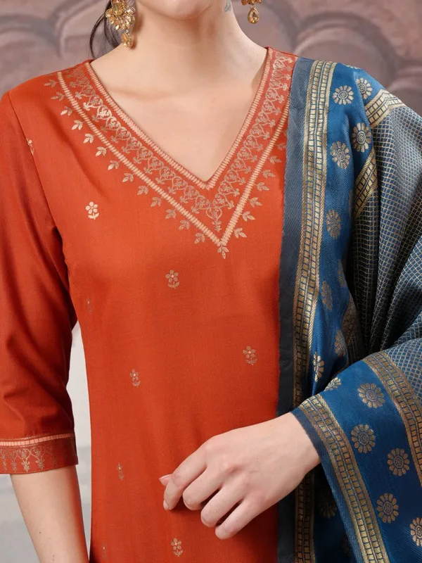 Vishudh Women Terracotta Embroidered Kurta With Palazzos And Dupatta