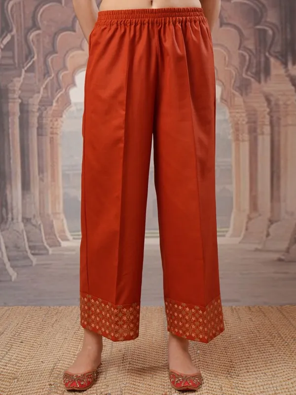 Vishudh Women Terracotta Embroidered Kurta With Palazzos And Dupatta