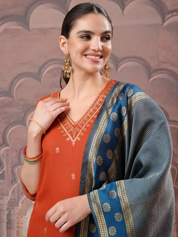 Vishudh Women Terracotta Embroidered Kurta With Palazzos And Dupatta