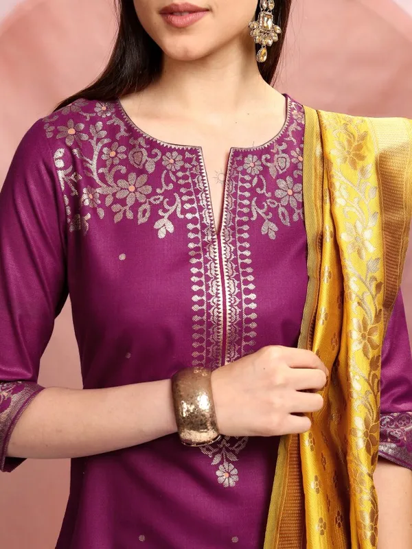 Vishudh Women Magenta Printed Kurta With Palazzos And Dupatta