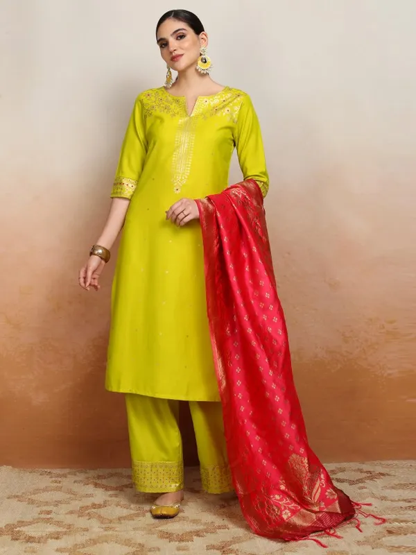 Vishudh Women Lime Green Embroidered Kurta With Palazzos And Dupatta