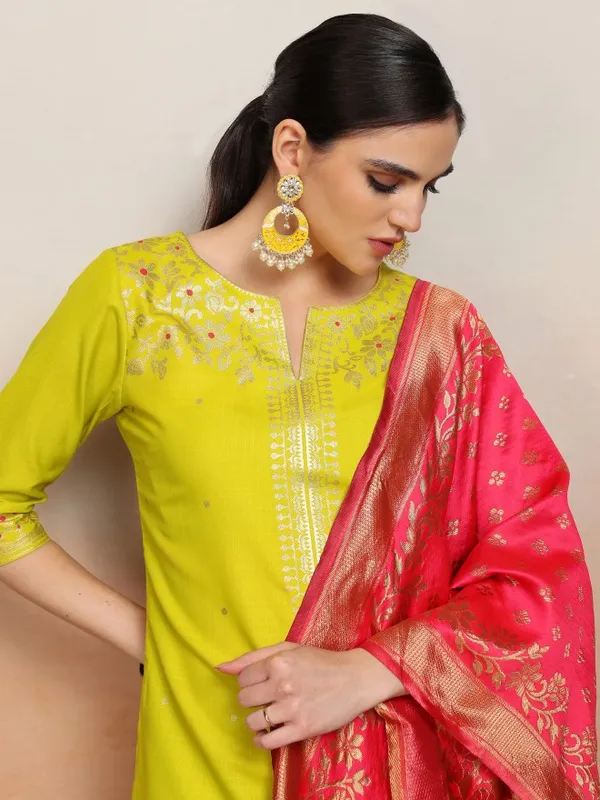 Vishudh Women Lime Green Embroidered Kurta With Palazzos And Dupatta