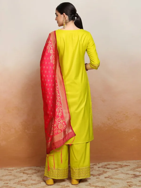 Vishudh Women Lime Green Embroidered Kurta With Palazzos And Dupatta