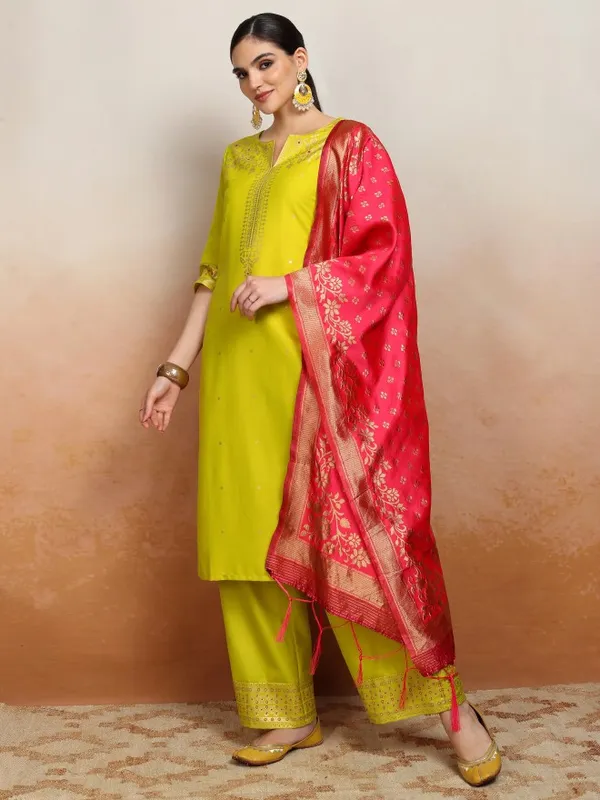 Vishudh Women Lime Green Embroidered Kurta With Palazzos And Dupatta