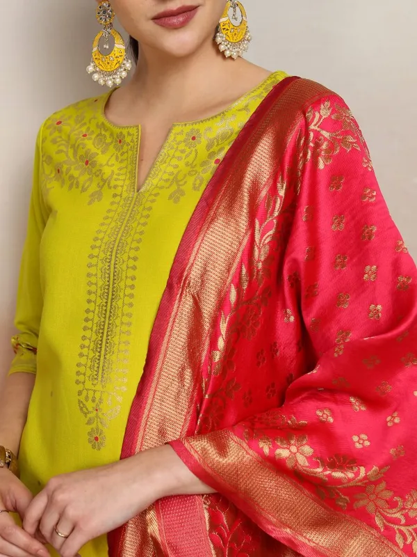 Vishudh Women Lime Green Embroidered Kurta With Palazzos And Dupatta