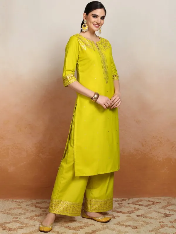 Vishudh Women Lime Green Embroidered Kurta With Palazzos And Dupatta