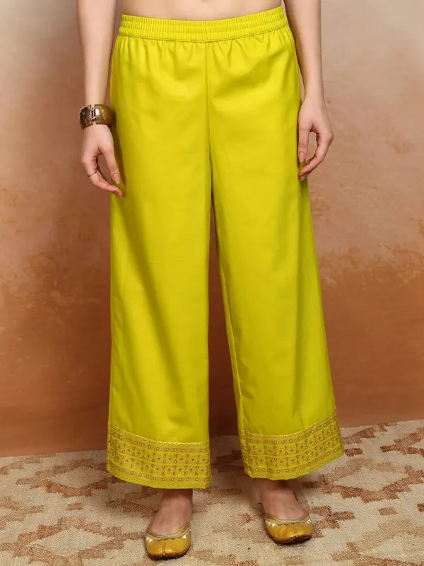 Vishudh Women Lime Green Embroidered Kurta With Palazzos And Dupatta