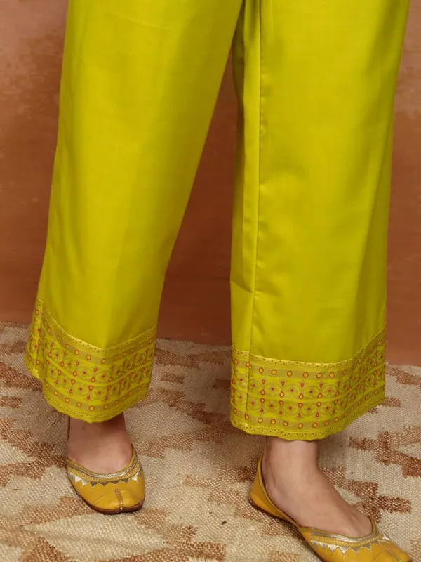 Vishudh Women Lime Green Embroidered Kurta With Palazzos And Dupatta