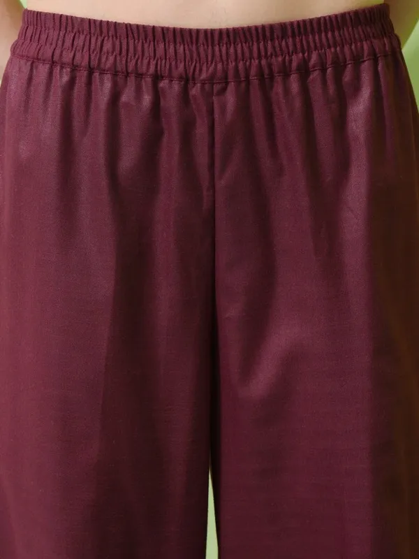 Vishudh Women Burgundy Printed Kurta With Palazzos & Dupatta