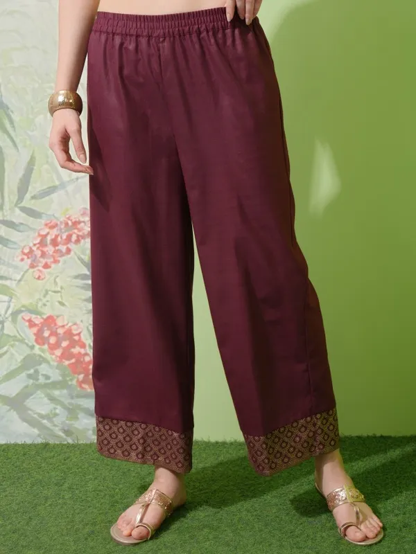 Vishudh Women Burgundy Printed Kurta With Palazzos & Dupatta