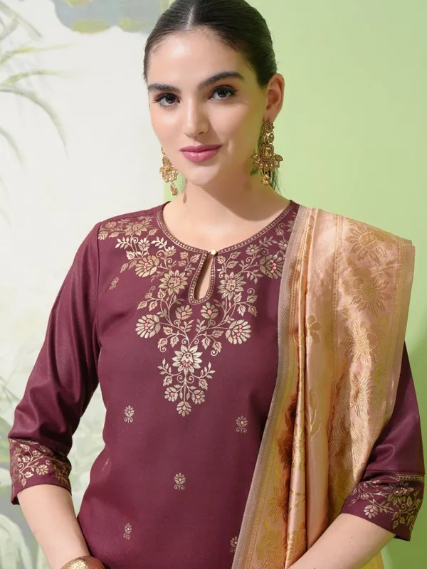 Vishudh Women Burgundy Printed Kurta With Palazzos & Dupatta
