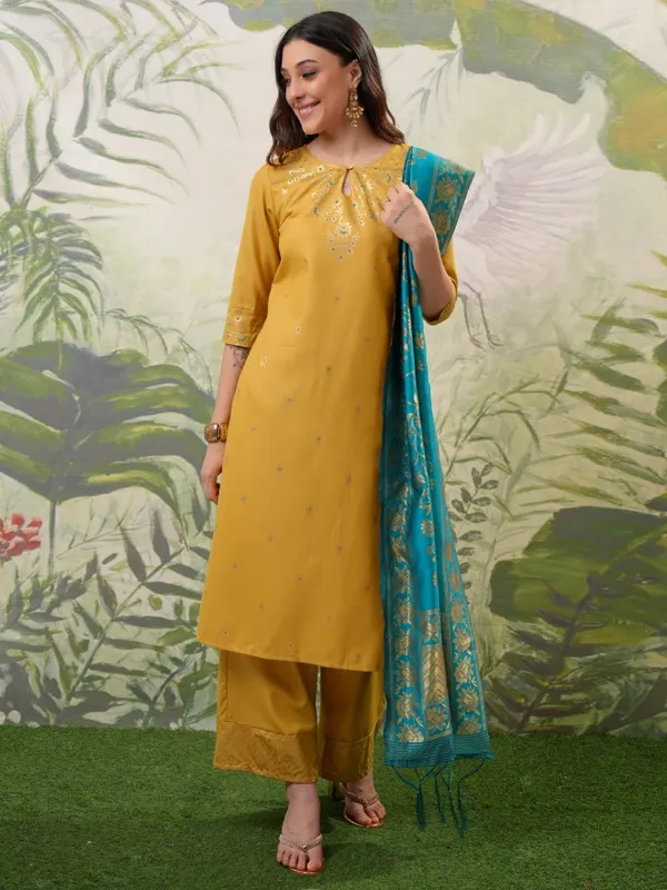Vishudh Women Yellow Printed Kurta With Palazzos And Dupatta