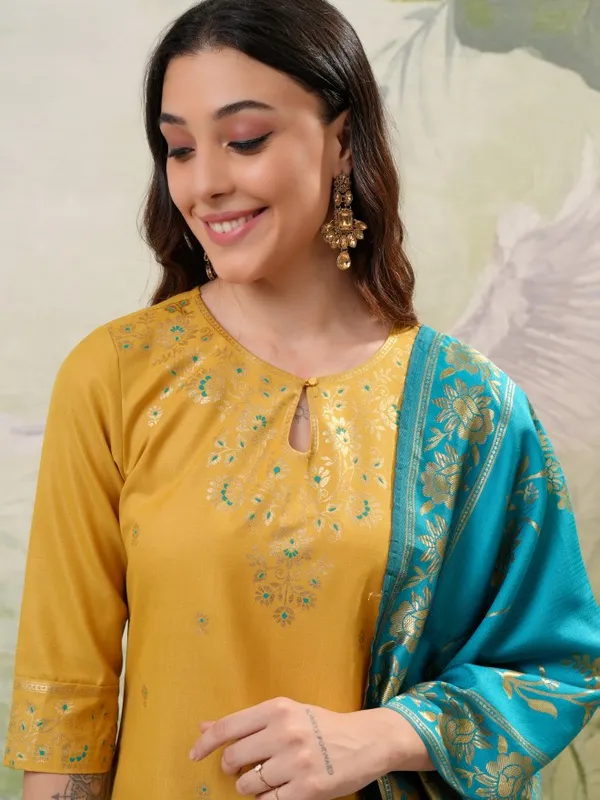 Vishudh Women Yellow Printed Kurta With Palazzos And Dupatta
