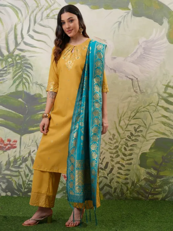Vishudh Women Yellow Printed Kurta With Palazzos And Dupatta