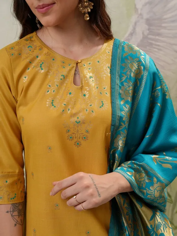Vishudh Women Yellow Printed Kurta With Palazzos And Dupatta